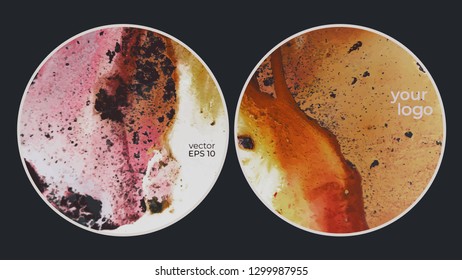 Round vector cards. Set of templates brochure, cover and sheets. Abstract painted background. Fluid colors backgrounds.