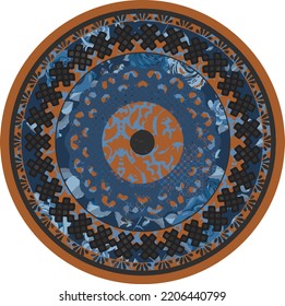 Round vector carpet, kilim print pattern or jacquard knitting design, supla, tablecloth, hat, accessory, print design. Geometric motifs line, stripes, border and marble textured . antique vintage chic