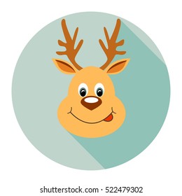 Round vector Christmas New Year flat icon with red nosed cartoon christmas deer isolated on background. Reindeer - flat vector icon of a New Year's holiday.