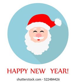 Round vector Christmas New Year flat icon with Santa Claus. Illustration of happy Santa Claus on background. Christmas greeting card. Happy New Year