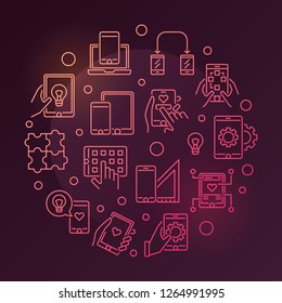 Round vector colorful illustration made with smartphone and tablet outline icons. Mobile app development modern concept on dark background