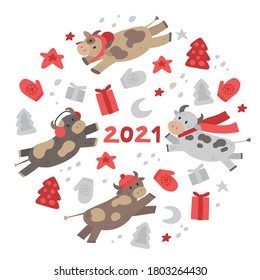 Round vector composition with oxes - symbol of 2021 year and Christmas and New year elements. Vector set of cows, Christmas gifts, trees, stars and mittens