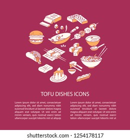Round vector cooking tofu icon composition tofu soup, bbq, tofu burger, stir fry. Isolated on the burgundy background and with text block.