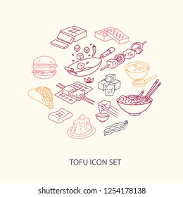 Round vector cooking tofu icon composition. Line art tofu dishes icons, isolated on the light background.