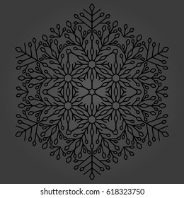 Round vector dark snowflake. Abstract winter ornament. Fine snowflake