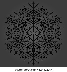 Round vector dark snowflake. Abstract winter ornament. Fine snowflake