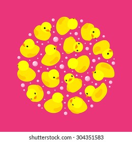 Round vector decorating design made of yellow rubber ducks. Colorful card template