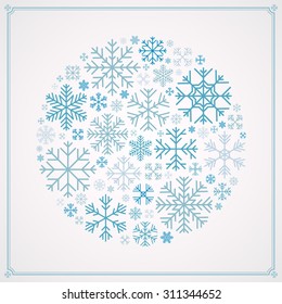 Round vector decorating design made of snowflakes. Colorful card template