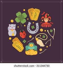 Round vector decorating design made of Lucky Charms. Colorful card template