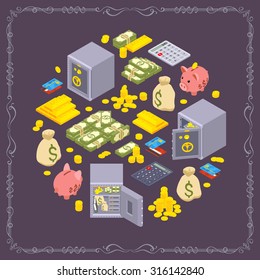 Round vector decorating design made of objects related to finance. Colorful card template