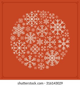 Round vector decorating design made of snowflakes. Colorful card template