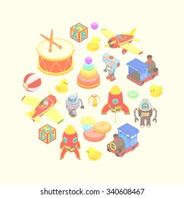 Round vector decorating design made of toys. Colorful card template