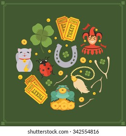 Round vector decorating design made of Lucky Charms. Colorful card template