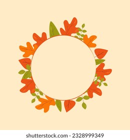 Round vector decorative frame with empty space for text.
Wreath with falling autumn leaves,
on a pale pink background, in a flat style.
Template for greeting cards, posters, banners, invitations.