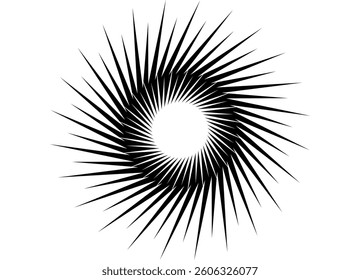 Round vector design element black on white background. Twisted striped pattern. Abstract ring. Vector background. Star, sun. Disc. Rays