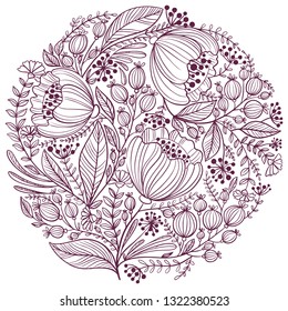 Round vector design element for frame and border, textile, fabric or paper print. Vector sketch illustration Decoration plants and floral element for birthday, greeting, logo or book design. 