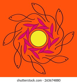 Round vector fish Mandala. Traditional orient symbol. Print