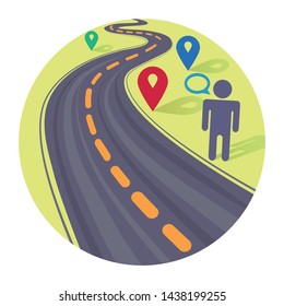 round vector flat icon with the image of the road and location symbols, stylized person silhouette, company development, logistics development isolated on white eps 10