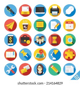 Round vector flat icons set with long shadow for web and mobile apps. Colorful modern design illustrations,elements, concepts of business,office work,team management,seo.Isolated on white background. 