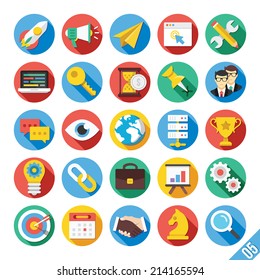 Round vector flat icons set with long shadow for web and mobile apps. Colorful modern design illustrations,elements,concepts of web development, seo and hosting business, team management, office work.