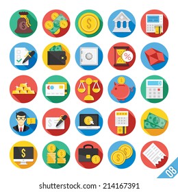 Round vector flat icons set with long shadow for web and mobile apps. Colorful modern design illustrations, concepts of finance,business,banking system,keeping money safe.Isolated on white background.