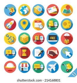 Round vector flat icons set with long shadow for web and mobile apps. Colorful modern design illustrations, concepts of delivery, shipping process, ecommerce, logistics. Isolated on white background.