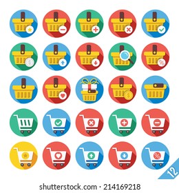 Round vector flat icons set with long shadow for web and mobile apps. Colorful modern design illustrations, concepts.Shopping cart, basket icons symbols for web interface.Isolated on white background.