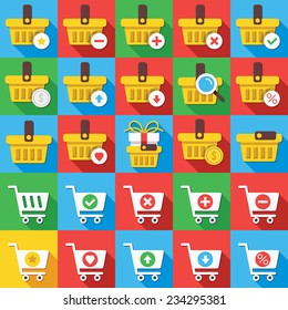 Round vector flat icons set with long shadow for web and mobile apps. Creative colorful modern design illustrations, concepts. Supermarket shopping carts, yellow basket icons, symbols, elements.