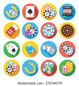 Round vector flat icons set with long shadow for web and mobile apps. Colorful modern design illustrations, concepts of  gambling icons, money, poker icons, casino icons. Isolated on white background