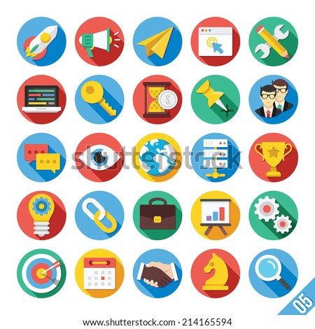 Round vector flat icons set with long shadow for web and mobile apps. Colorful modern design illustrations,elements,concepts of web development, seo and hosting business, team management, office work.
