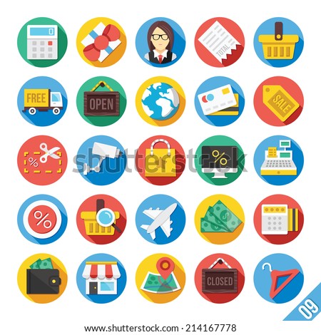 Round vector flat icons set with long shadow for web and mobile apps. Colorful modern design illustrations,concepts of trading,ecommerce,marketing,shopping,business, etc. Isolated on white background.