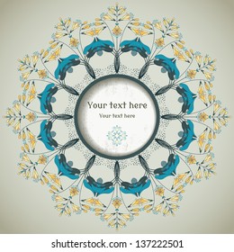  Round vector  floral pattern on  vintage plaster background. Hosta plant. Frame for your text. Perfect for invitations, announcement or greetings.