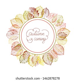 Round vector frame of alder and aspen leaves. Autumn is coming hands written lettering. Isolated vector elements on white background. Design for social media, poster, stickers, cards.
