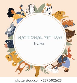 Round vector frame, background, template, vector illustration, cartoon international cat day characters. Cheerful characters of people and cats.