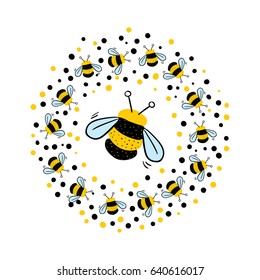 Round vector frame with bees and polka dots.