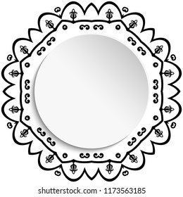 Round vector frame with black floral elements and arabesques. Pattern with arabesques. Fine greeting card