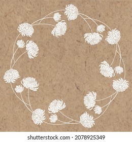 Round vector frame with blooming Chrysanthemum flowers on kraft paper. Illustration with place for text, can be used creating card, menu or invitation card.