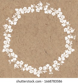 Round vector frame with blooming quince tree branches on kraft paper. Illustration with place for text, can be used creating card, menu or invitation card.