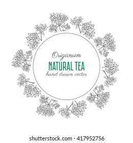Round vector frame Blossoming oregano flowers vector ink doodle sketch hand drawn healing herb isolated on white, vintage botanical illustration, Collection herb perfect for card,cosmetic,store etc
