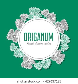 Round vector frame Blossoming oregano flowers vector ink doodle sketch hand drawn healing herb isolated on white, vintage botanical wreath, Collection herb for card, cosmetic, medicine, design package