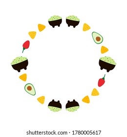 Round vector frame, card template with mexican guacamole dip, spread, sauce in bowl and avocado, chili pepper, nacho chips.
