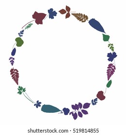 Round vector frame with colorful leaves. Wreath with rose, birch, fern, herbs, flowers and trees leaves. 