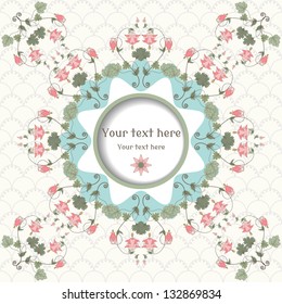 Round vector frame and corner elements on a simple background. Vintage pattern in modern style. Aquilegia plants contain  flowers, buds and leaves. Pink and green.