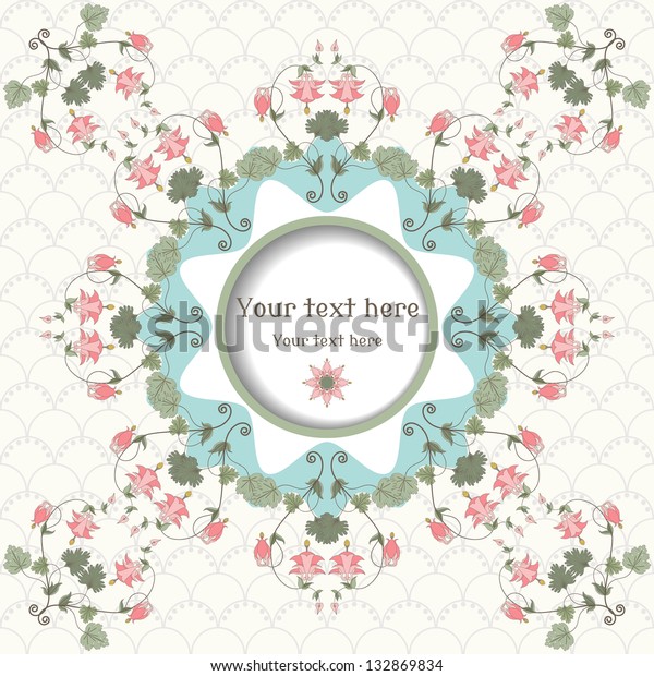 Round vector frame and corner\
elements on a simple background. Vintage pattern in modern style.\
Aquilegia plants contain  flowers, buds and leaves. Pink and\
green.