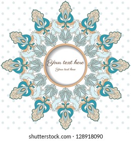 Round vector frame with damask floral elements  on a simple cotton background. Easily edit the colors.