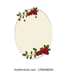 Round vector frame decorated with lingonberry branches. Light beige background for text. Good for invitations, congratulations.