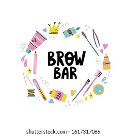 Round vector frame with eyebrow tools with lettering or space for text. Hand drawn concept for brow bar design.