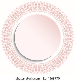 Round vector frame with floral elements and arabesques. Pink round pattern with arabesques. Fine greeting card