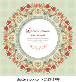 Round vector frame with floral ornament and place for your text. Physalis, leaves and twisted branches. Perfect for greetings, invitations or announcements
