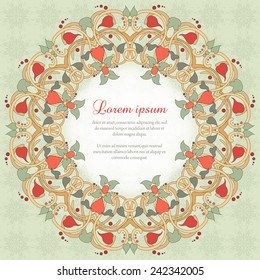 Round vector frame with floral ornament and place for your text. Physalis, leaves and twisted branches. Perfect for greetings, invitations or announcements